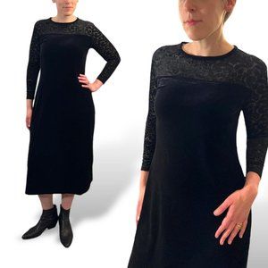 90s Vintage Black Velvet Burnout Midi Dress Long Sleeve Jacqueline Ferrar M